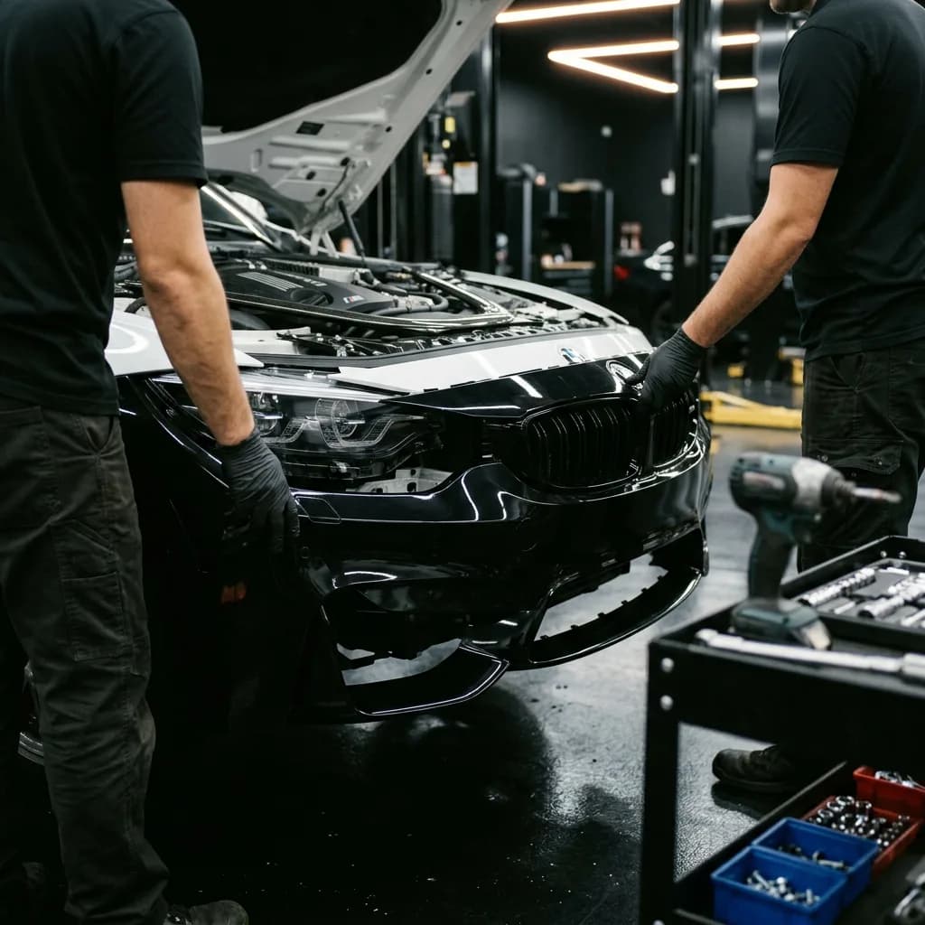 Two technicians fitting a front bumper to a BMW M3