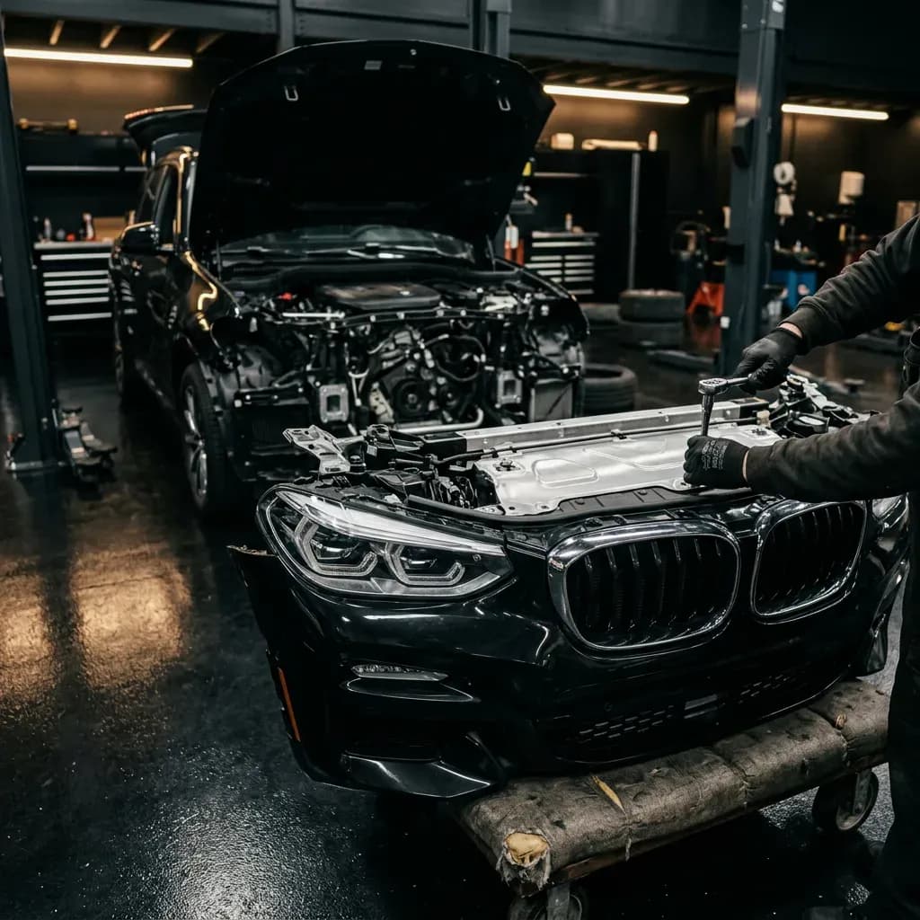 Complete BMW X5 front-end assembly being prepared for fitment