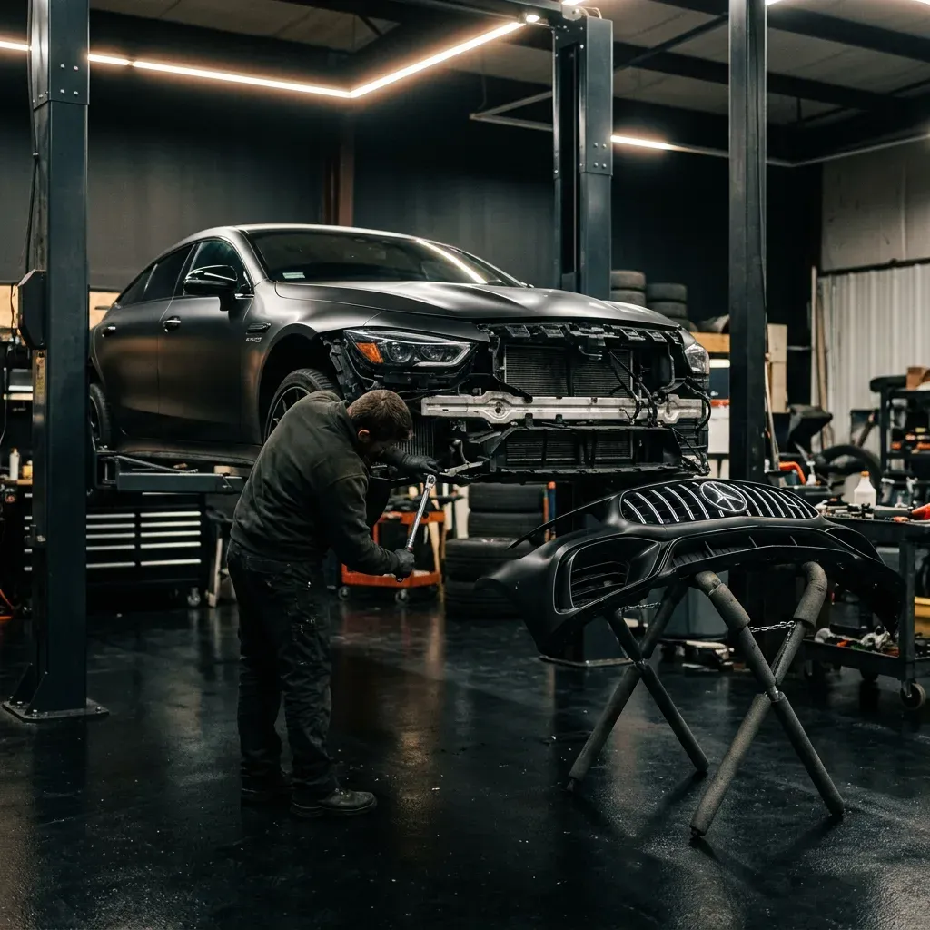 Mercedes-AMG GT 63 S on a lift with the front bumper off