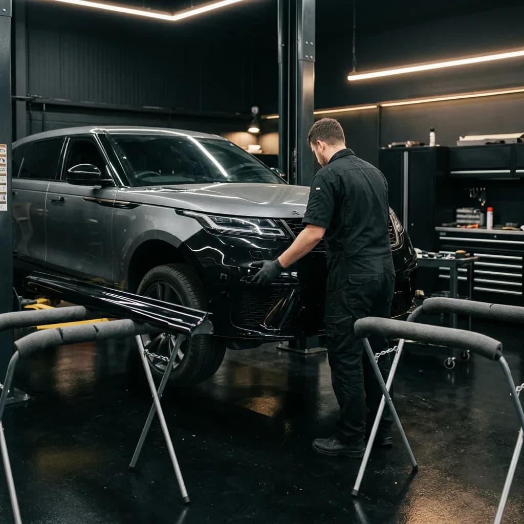 Technician fitting an SVR-style body kit to a Range Rover Velar